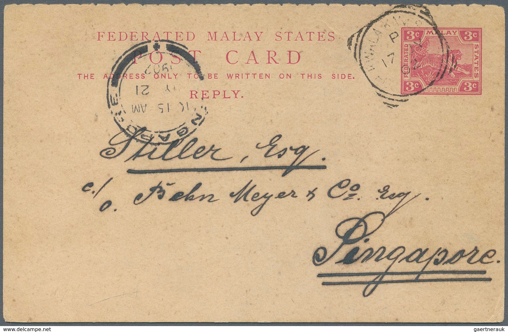 06541 Malaiische Staaten - Perak: 1902, Reply Part 3c. Carmine, Commercially Used From "KUALA KANGSAR 17 J - Perak