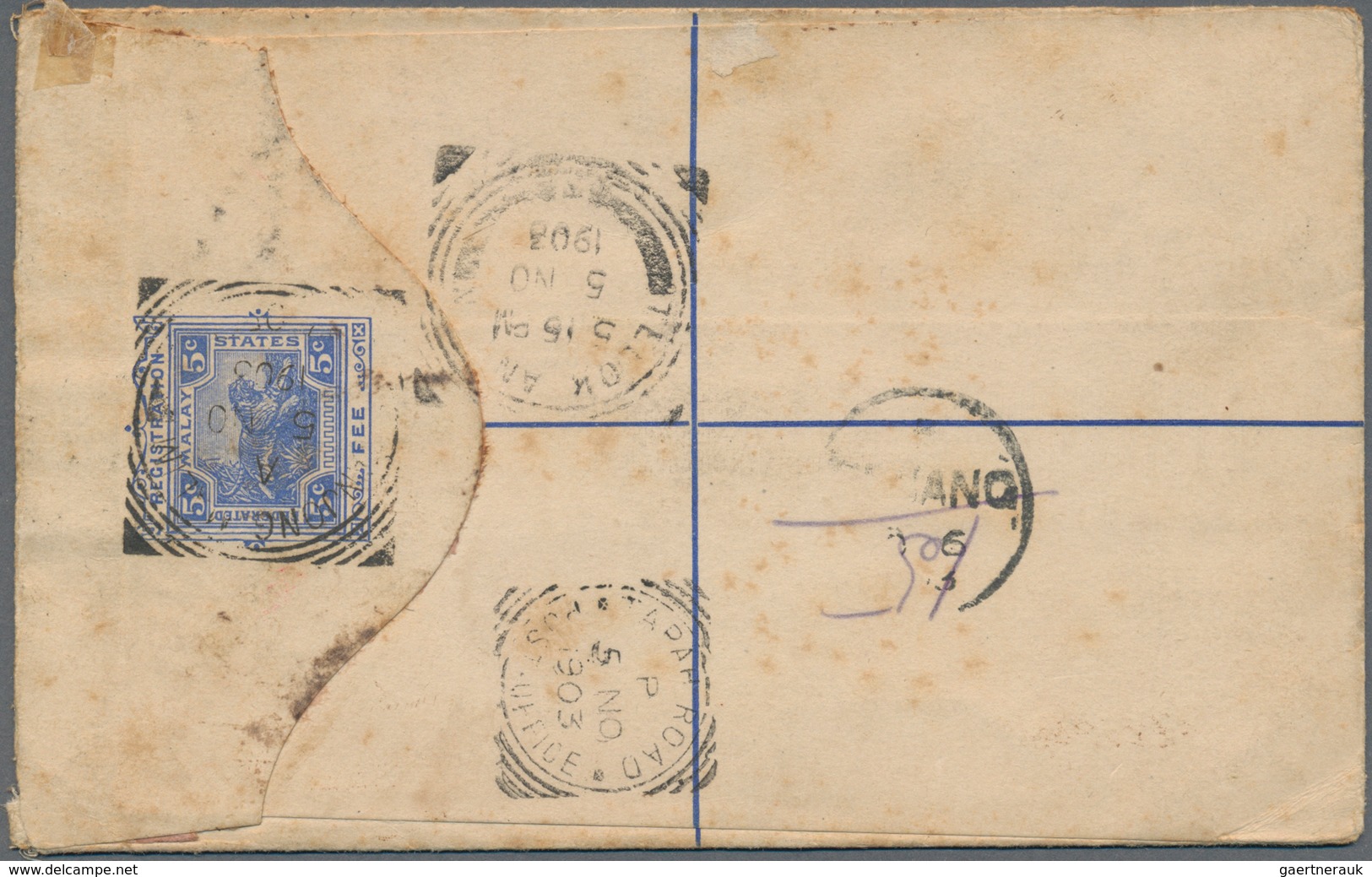 06545 Malaiische Staaten - Perak: 1903, 5c Registered Stat. Envelope (small Stains) Uprated With 8 C Tiger - Perak