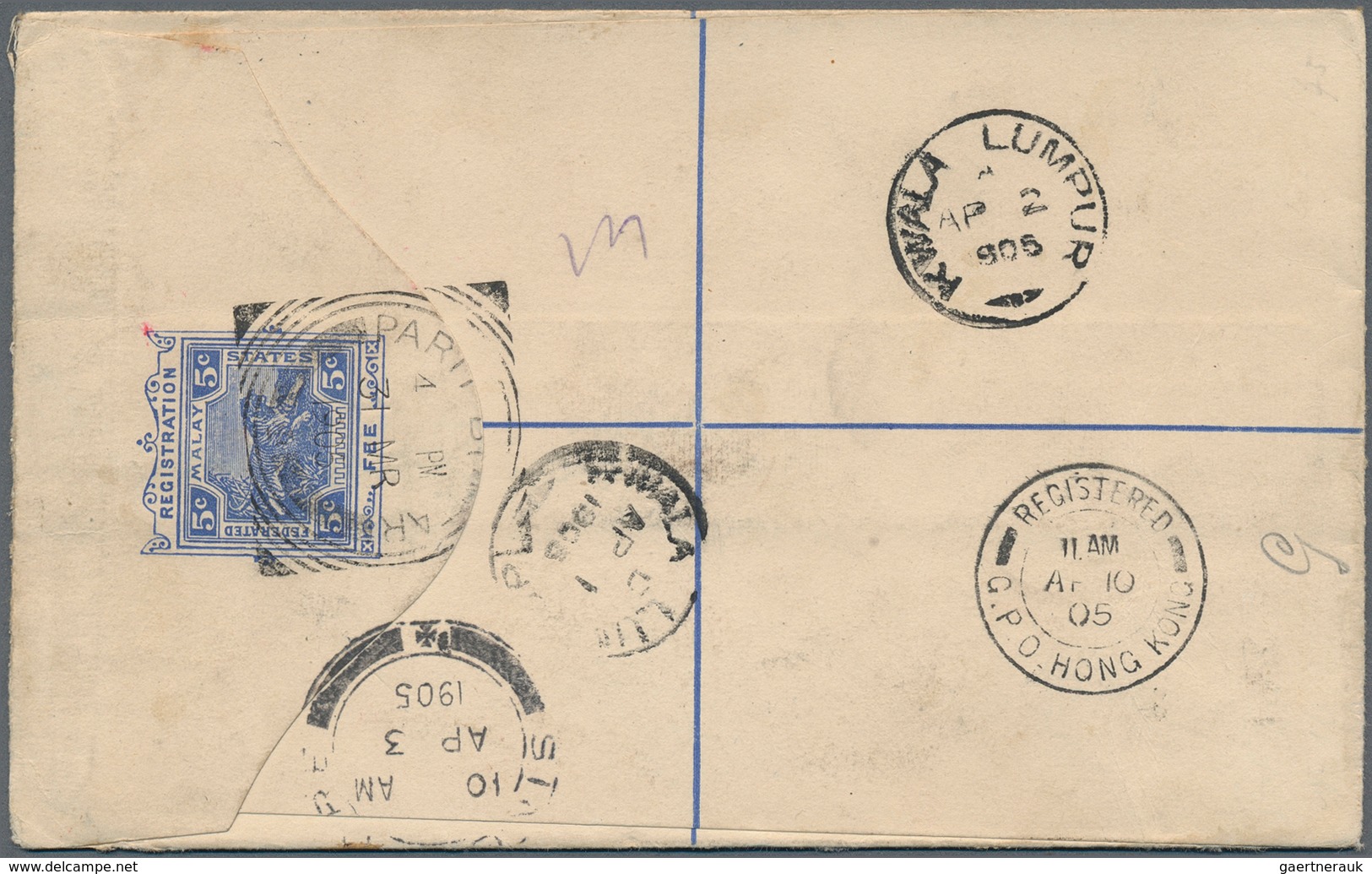 06551 Malaiische Staaten - Perak: 1905 (31.3.), Federated Malay States Registered Letter Tiger 5c. Blue Up - Perak