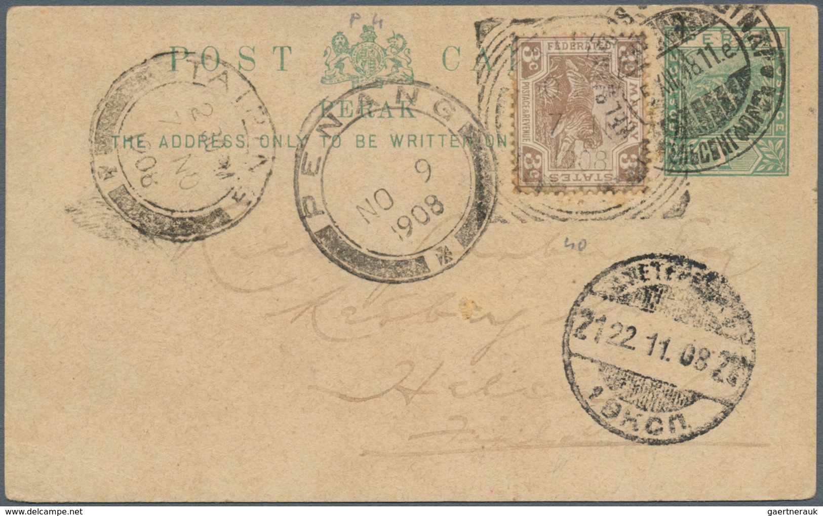 06568 Malaiische Staaten - Perak: 1908, 1 C Green Tiger Psc Uprated With F.M.S. 3 C Brown, Tied By Sqared - Perak