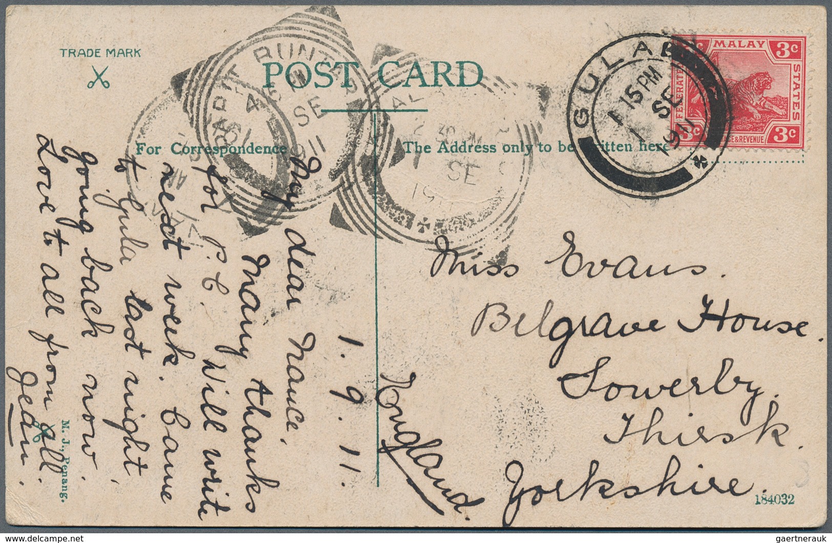 06579 Malaiische Staaten - Perak: 1911 (1.9.), Picture Postcard Bearing Single 3c. Red (Tiger) Used From G - Perak