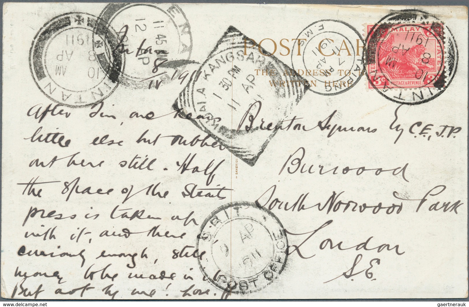 06584 Malaiische Staaten - Perak: 1911, Ppc Addressed To London Franked With 3c Tiger Tied By INTAN Datest - Perak