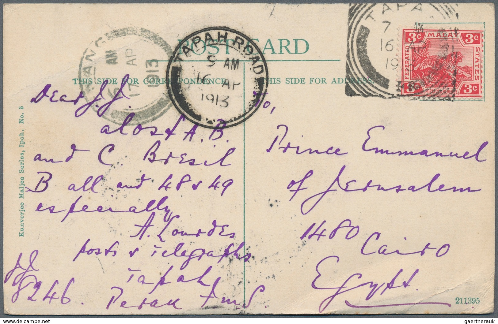 06591 Malaiische Staaten - Perak: 1913 (16.4.), Picture Postcard Bearing Single 3c. Red (Tiger) Used From - Perak