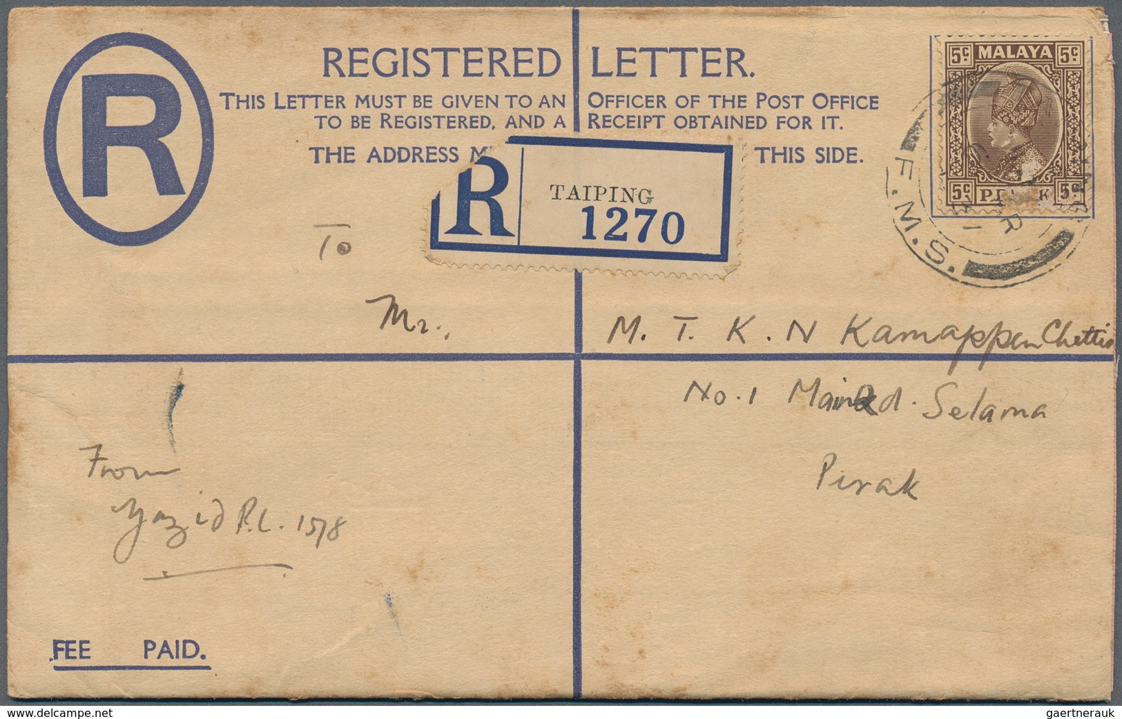 06593 Malaiische Staaten - Perak: 1913/1937, Two Different Registered Letters Incl. Sultan Iskandar 15c. D - Perak