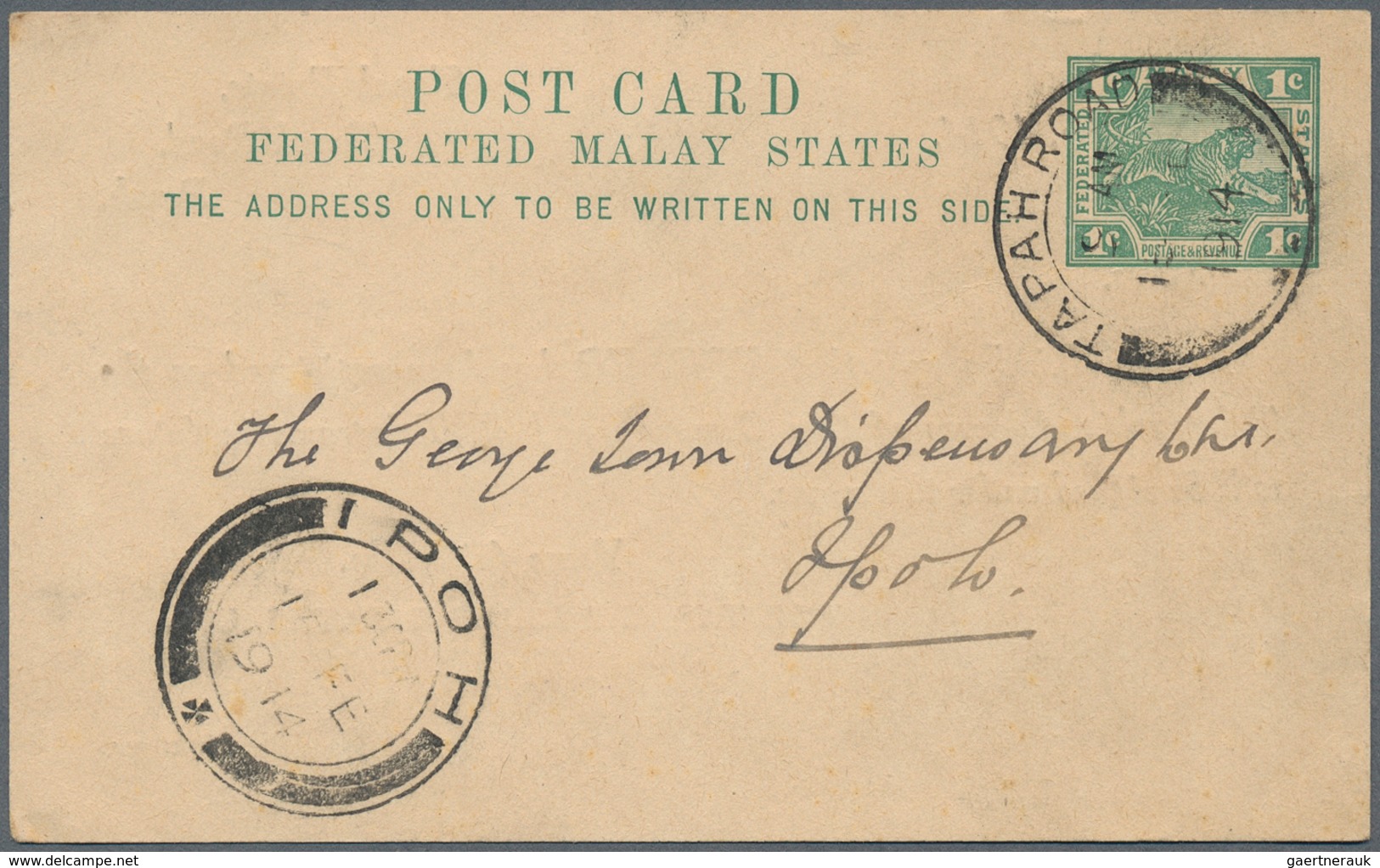 06595 Malaiische Staaten - Perak: 1914, Federated Malay States, 1 C Green Tiger, Postal Stationery Card Wi - Perak