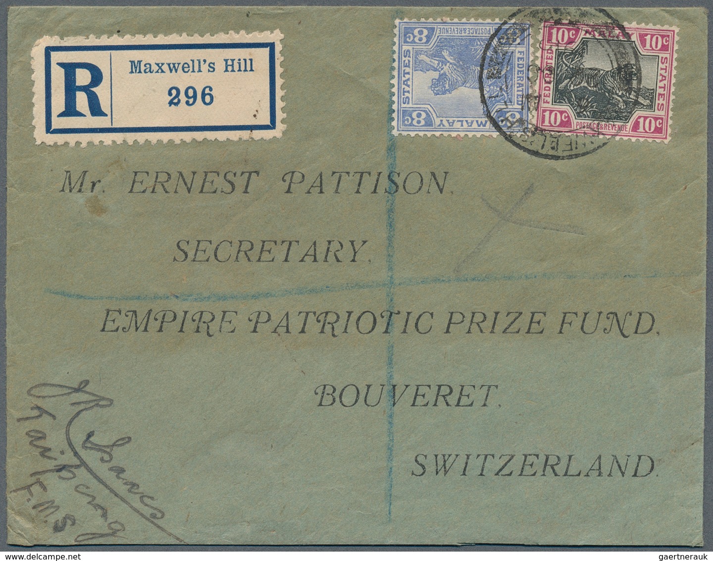 06597 Malaiische Staaten - Perak: 1915 (22.10.), Registered Cover Bearing FMS Tiger Stamps 10c. Black/purp - Perak