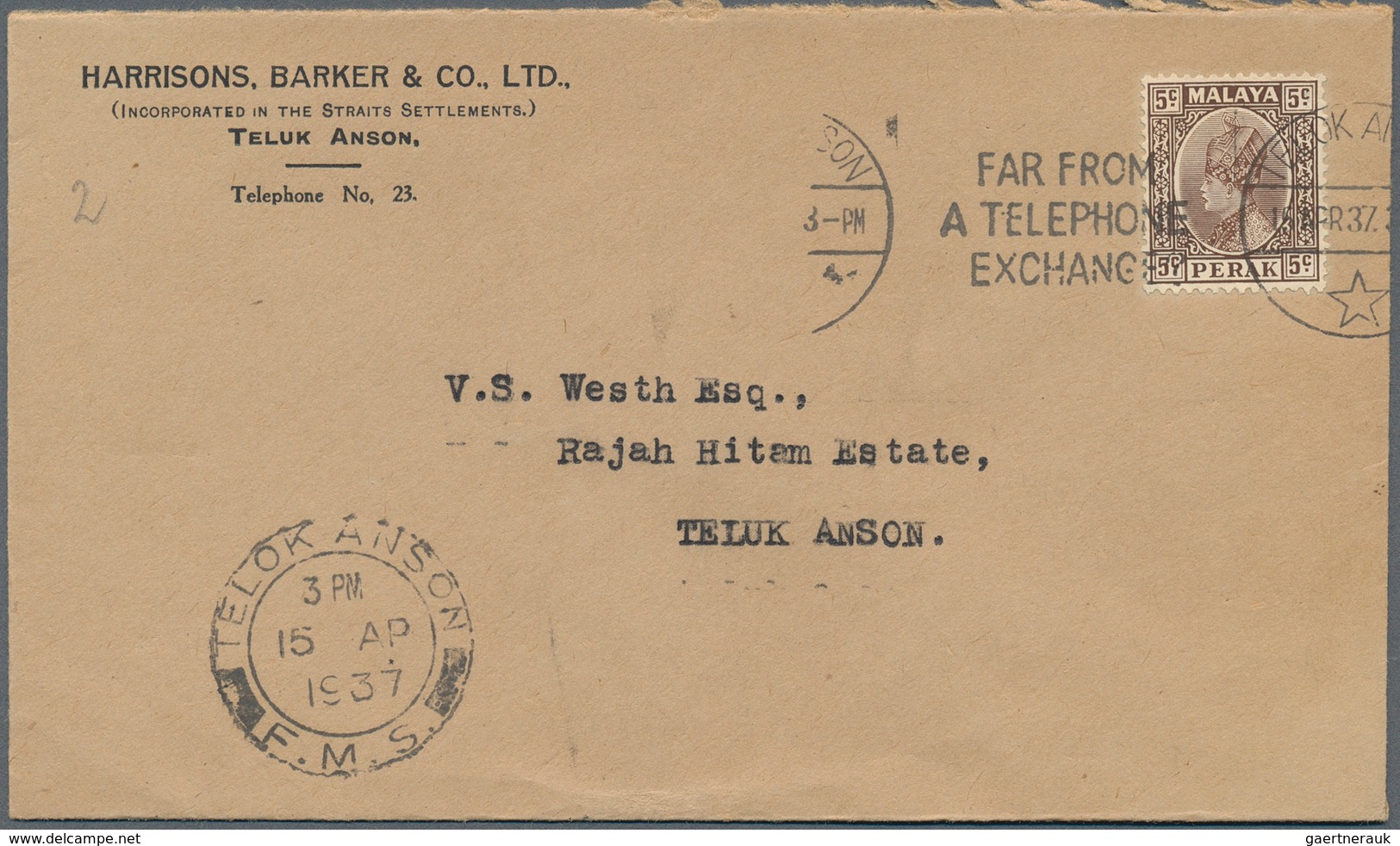 06598 Malaiische Staaten - Perak: 1915/1941, TELOK ANSON: small group with 12 covers bearing different sta