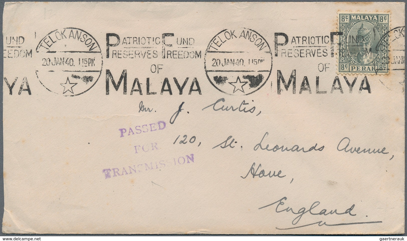 06598 Malaiische Staaten - Perak: 1915/1941, TELOK ANSON: small group with 12 covers bearing different sta