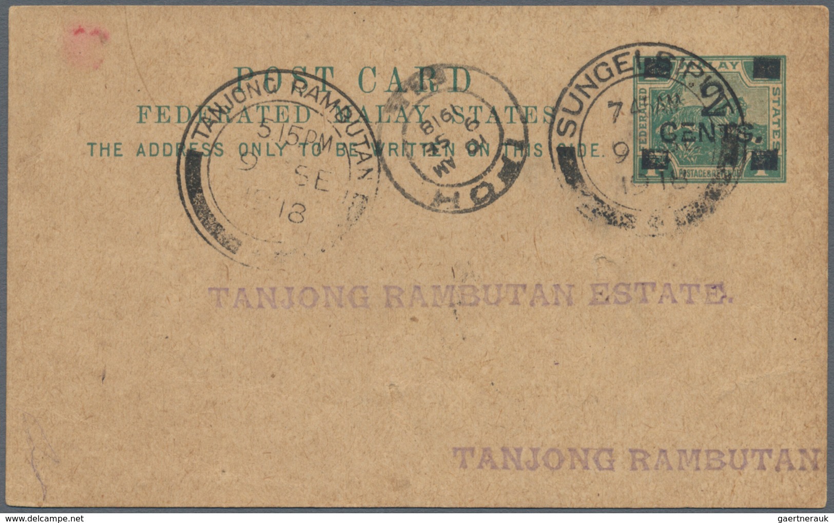 06604 Malaiische Staaten - Perak: 1918 (9.9.), Federated Malay States Stat. Postcard Tiger 1c. Surch. '2 C - Perak