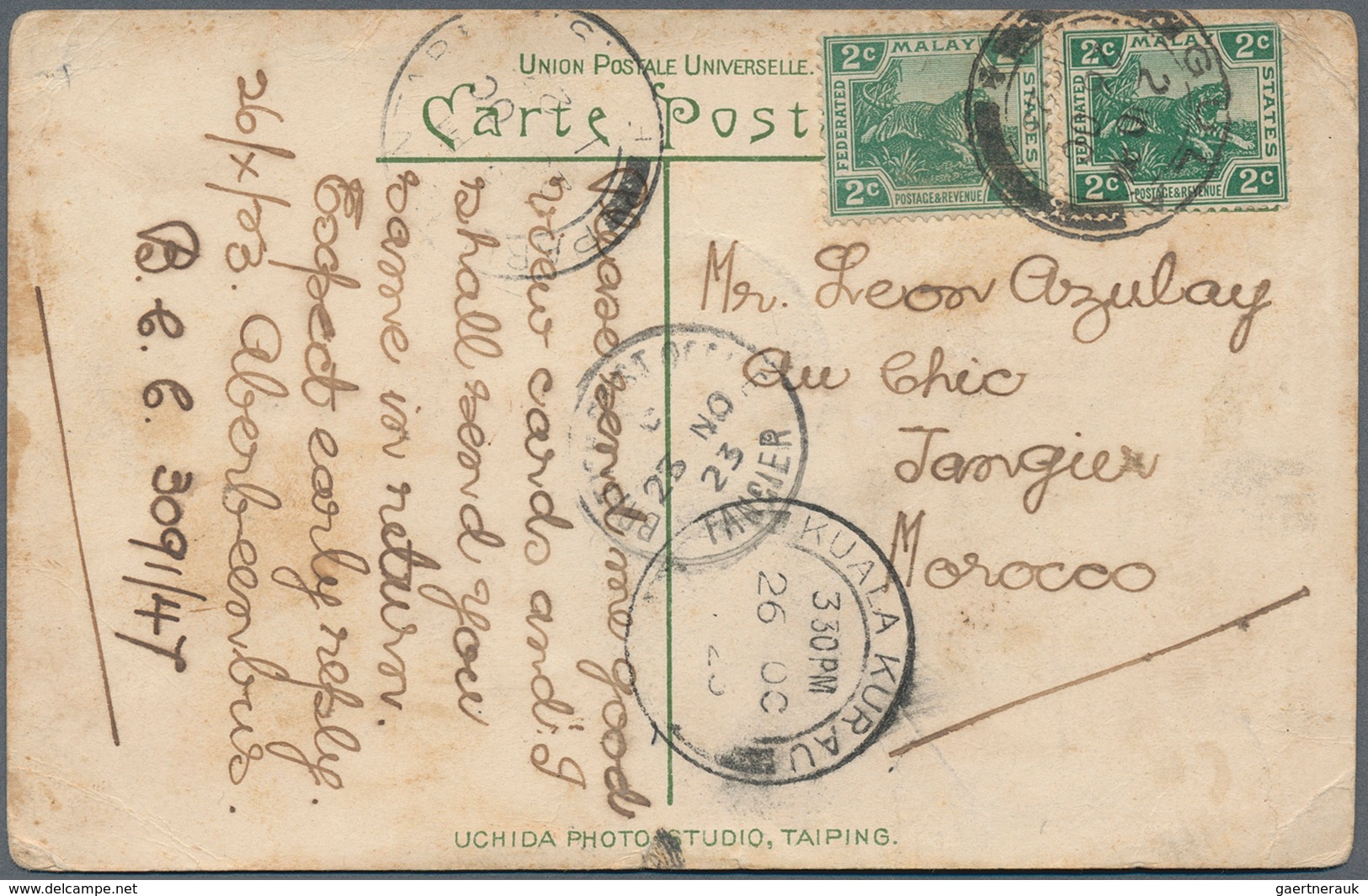 06615 Malaiische Staaten - Perak: 1923 (26.10.), Picture Postcard Bearing Two Singles 2c. Green Tiger Stam - Perak