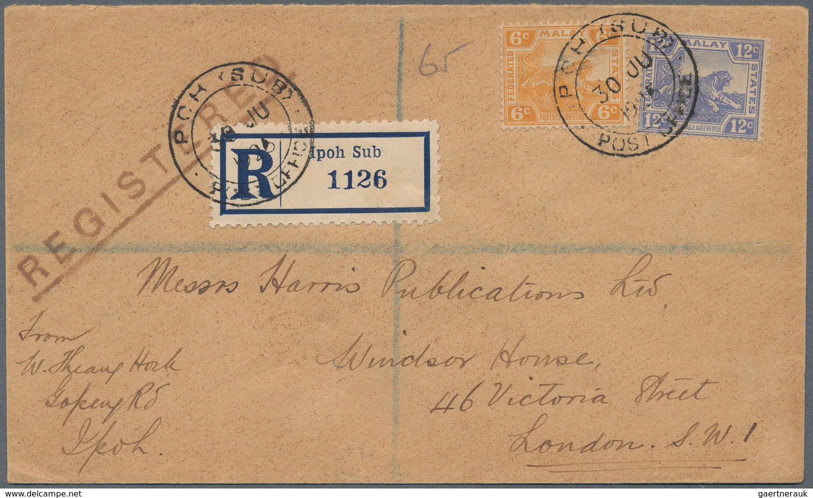 06622 Malaiische Staaten - Perak: 1925 (30.6.), Registered Cover Bearing FMS Tiger Stamps 12c. Blue And 6c - Perak