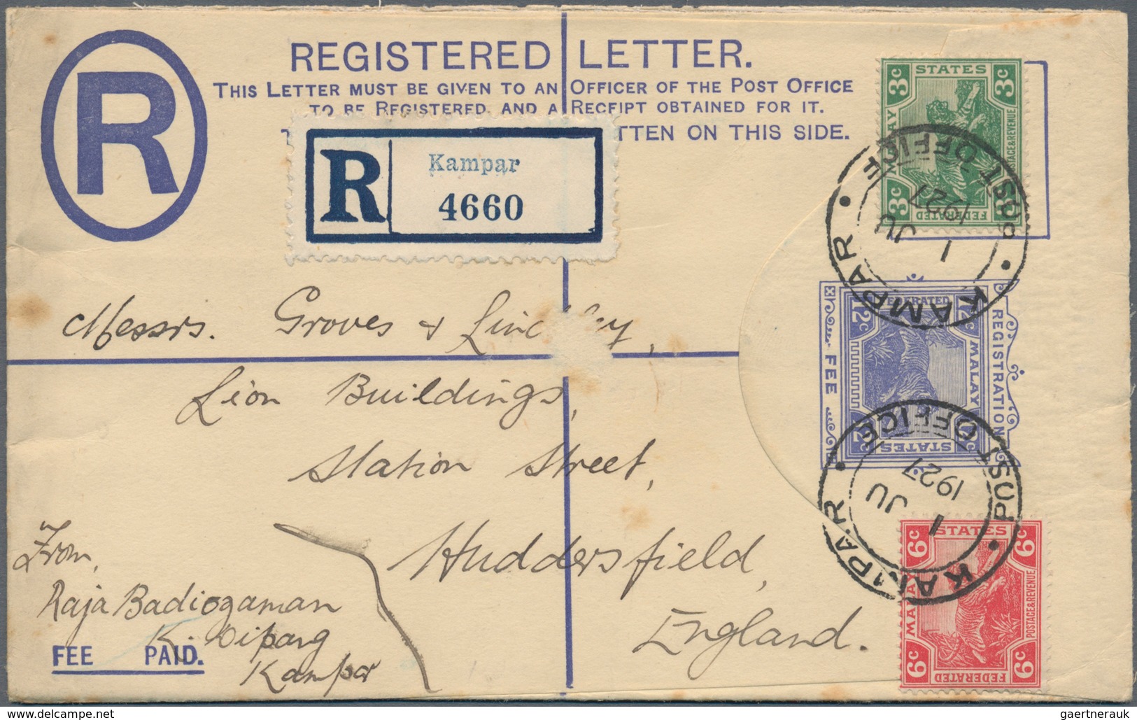 06625 Malaiische Staaten - Perak: 1927, KAMPAR: Federated Malay States Registered Letter 12c. Blue 'Tiger' - Perak