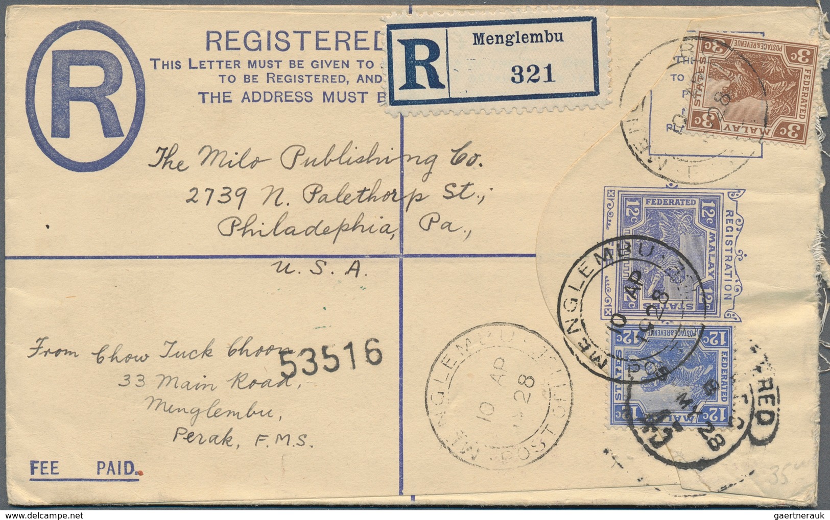 06631 Malaiische Staaten - Perak: 1928 (10.4.), Federated Malay States Registered Letter Tiger 12c. Blue U - Perak