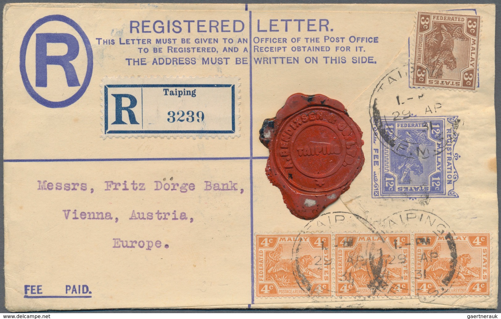 06644 Malaiische Staaten - Perak: 1931 (29.4.), Federated Malay States Registered Letter 12c. Blue Tiger U - Perak