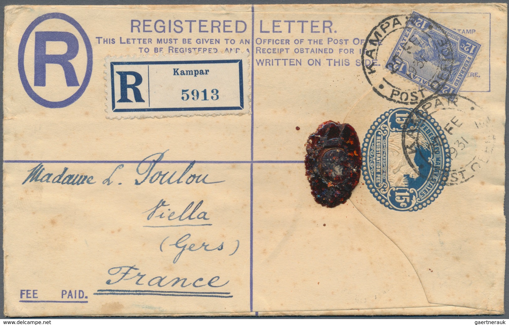 06647 Malaiische Staaten - Perak: 1931 (20.2.), Federated Malay States Registered Letter 15c. Blue 'Tiger - Perak