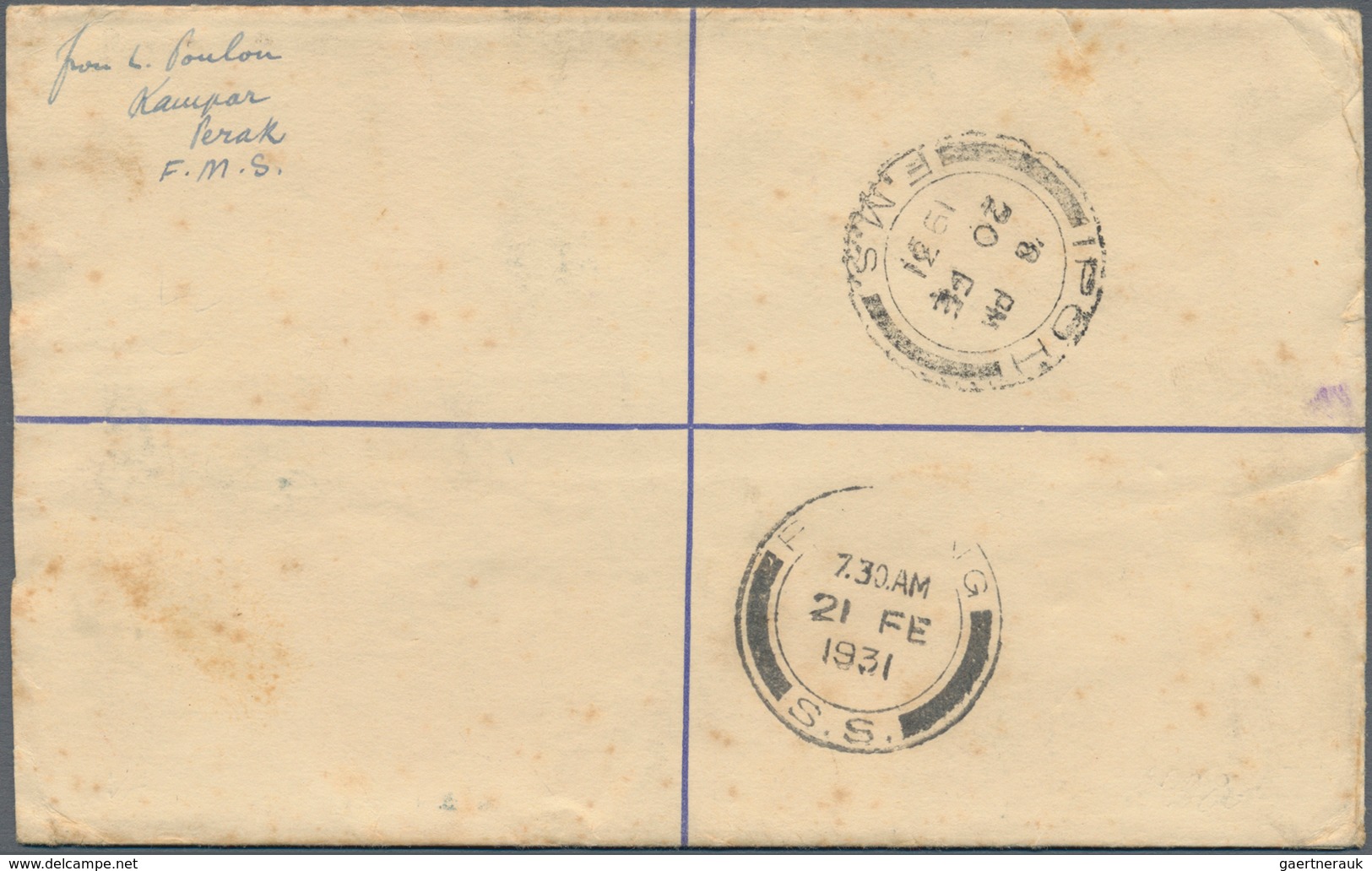 06647 Malaiische Staaten - Perak: 1931 (20.2.), Federated Malay States Registered Letter 15c. Blue 'Tiger - Perak