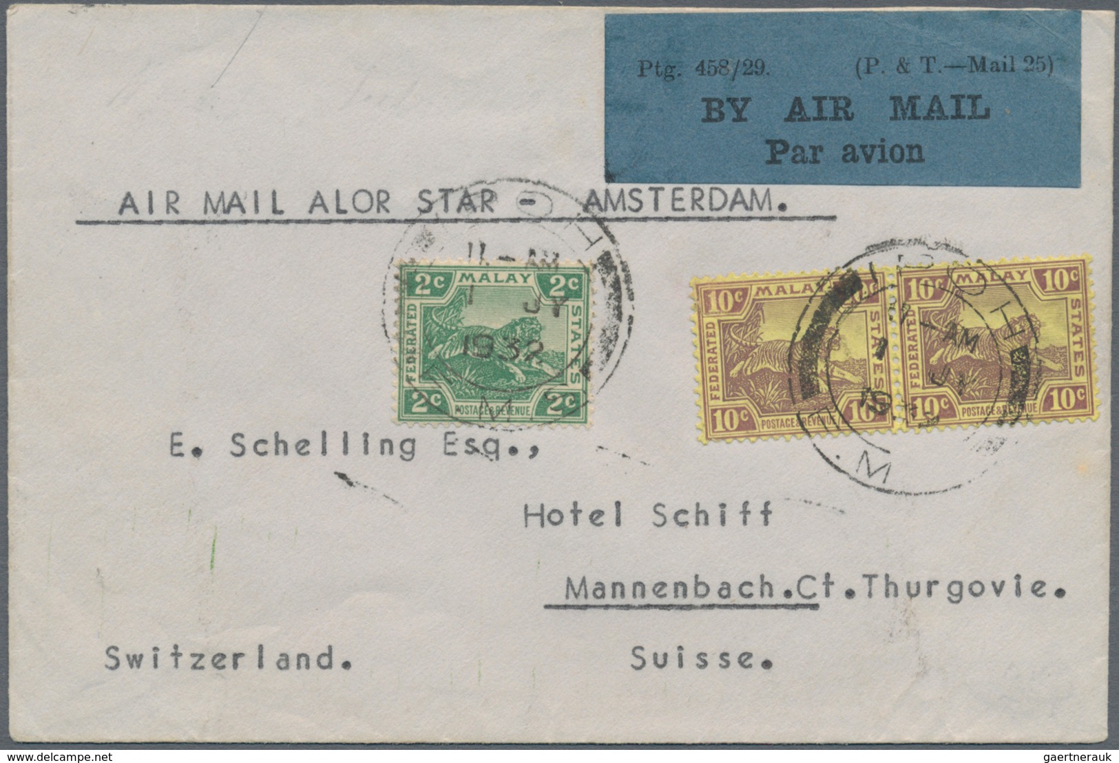 06648 Malaiische Staaten - Perak: 1932 (1.7.), Airmail Cover 'Alor Star - Amsterdam Bearing 12 FMS Tiger S - Perak