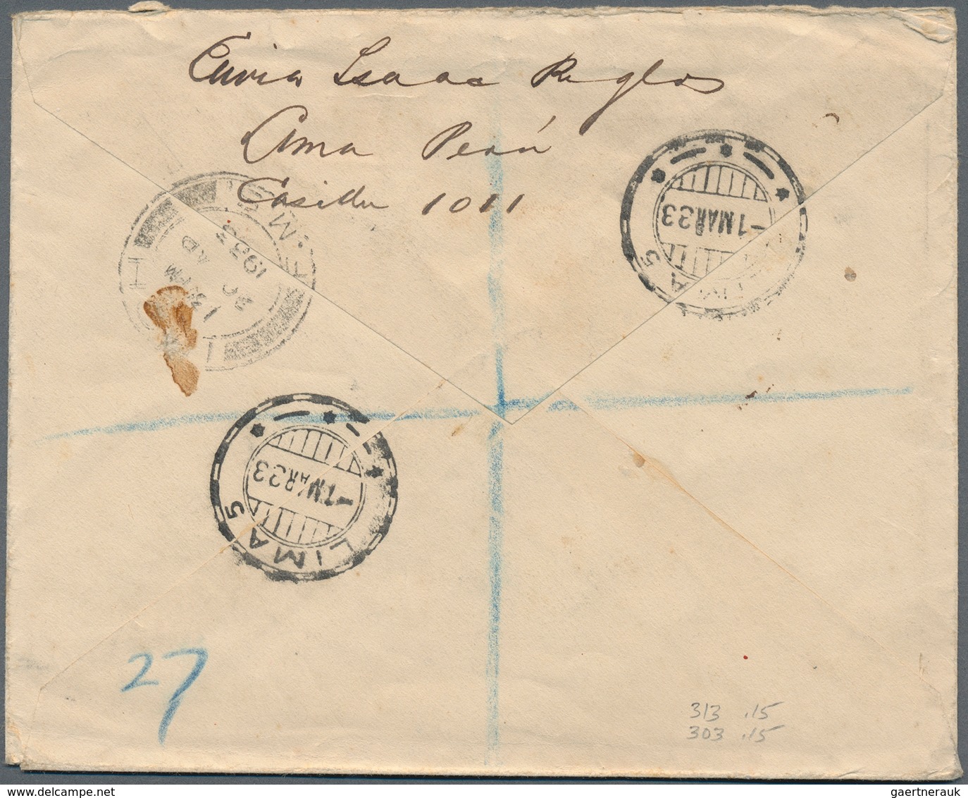 06655 Malaiische Staaten - Perak: INCOMING MAIL: 1933 (1.3.), Registered Cover From Lima/PERU With Prov. R - Perak