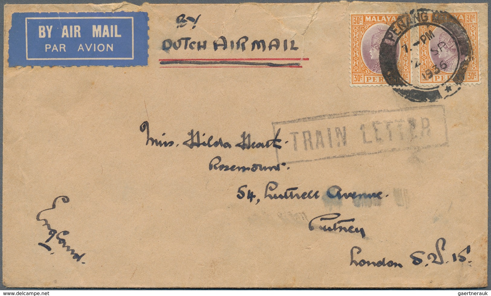 06673 Malaiische Staaten - Perak: 1936/1941, 2 X 30 C Purple And Orange, Multiple Franking On Airmail Cove - Perak