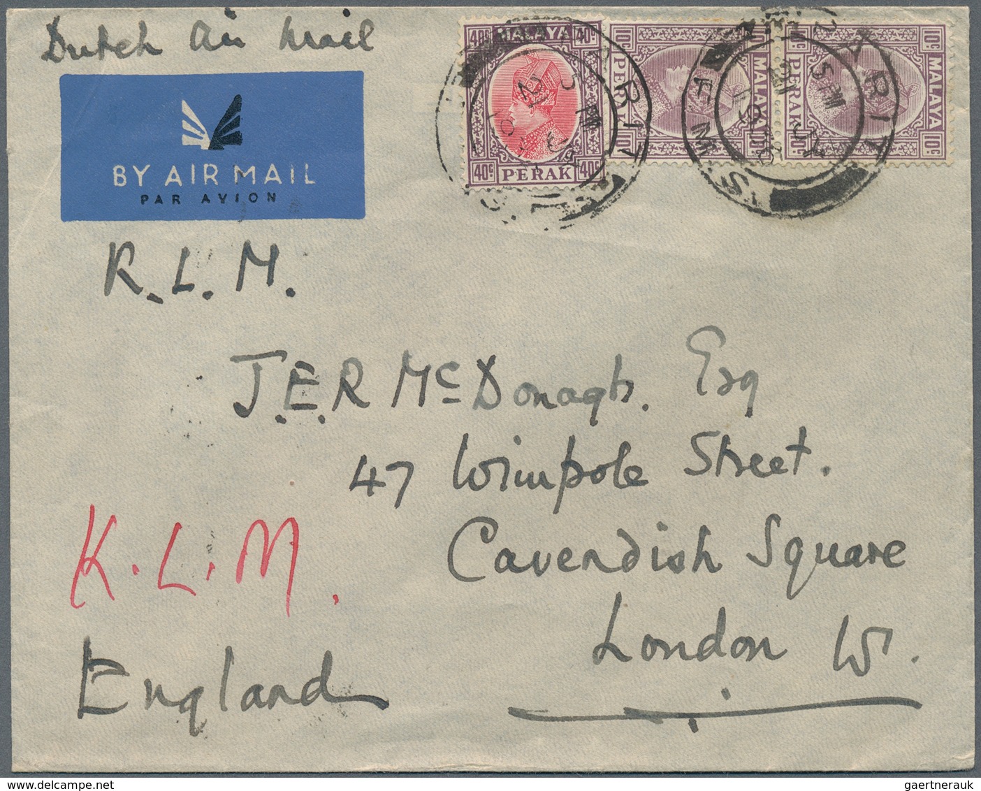 06674 Malaiische Staaten - Perak: 1936 (21.7.), Airmail Cover Bearing Sultan Iskandar 40c. Scarlet/purple - Perak