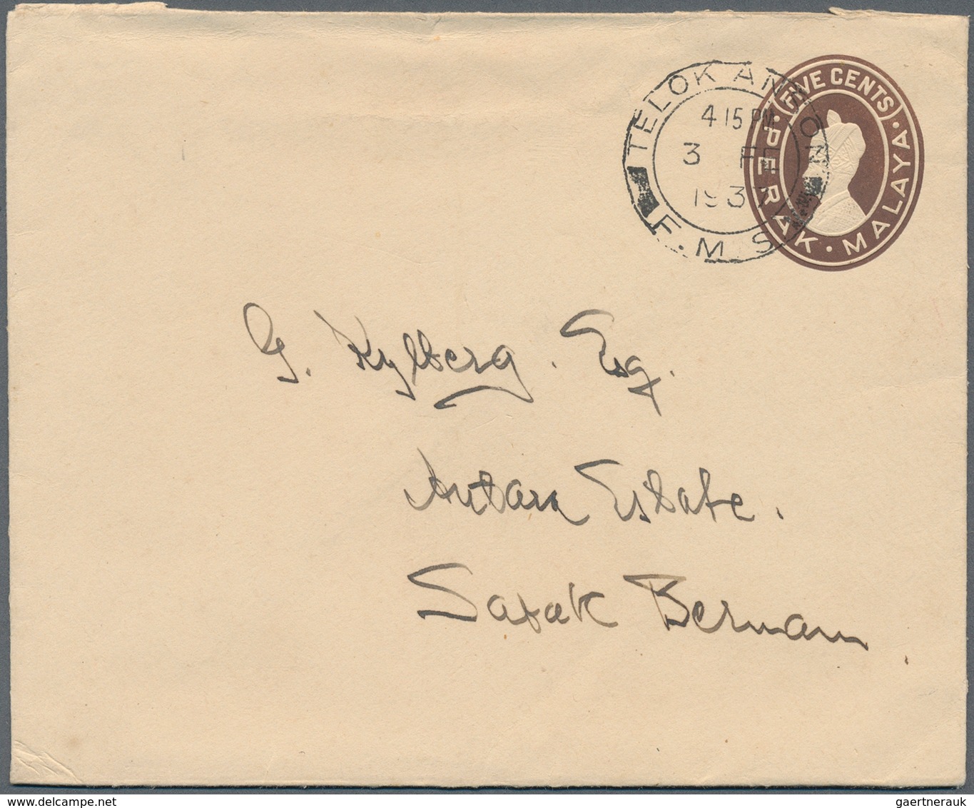 06688 Malaiische Staaten - Perak: 1937 (3.2.), Sultan Iskander Stat. Envelope 5c. Brown Embossed Oval Comm - Perak