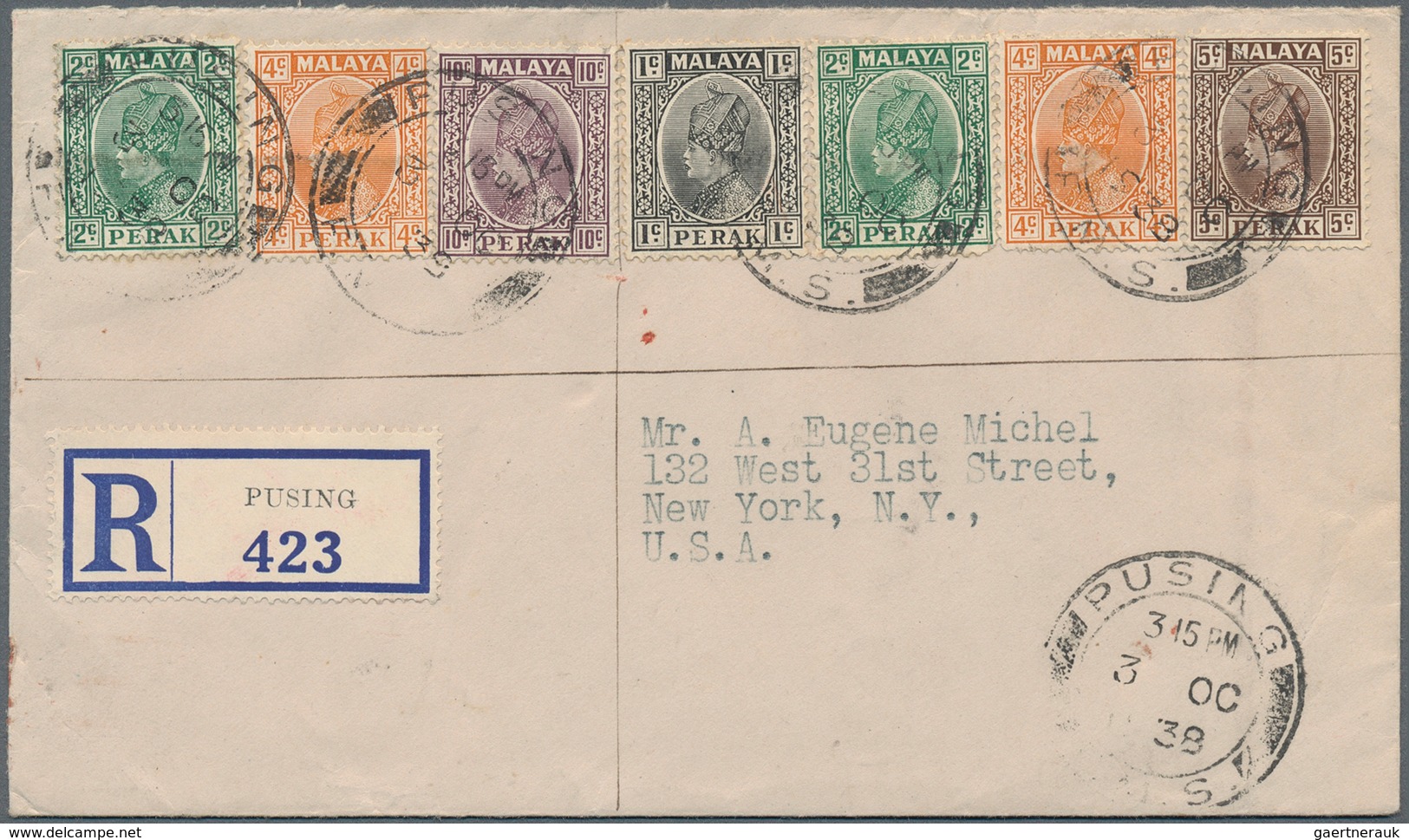 06690 Malaiische Staaten - Perak: 1938/1939, PUSING: Registered Cover With Seven Stamps Sultan Iskandar 1c - Perak