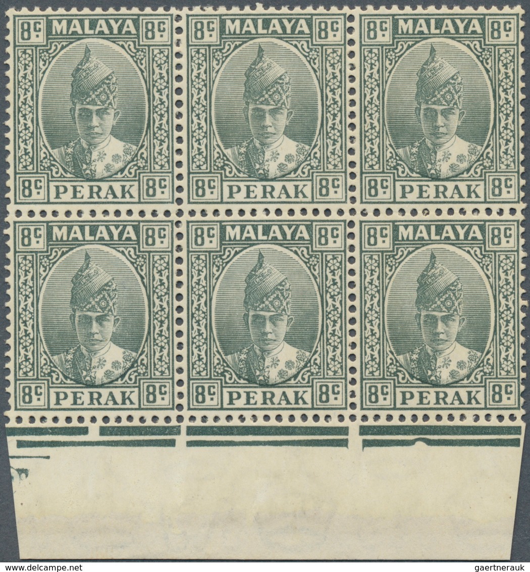 06701 Malaiische Staaten - Perak: 1938, Sultan Iskandar Definitive 8c. Grey Block Of Six From Lower Margin - Perak