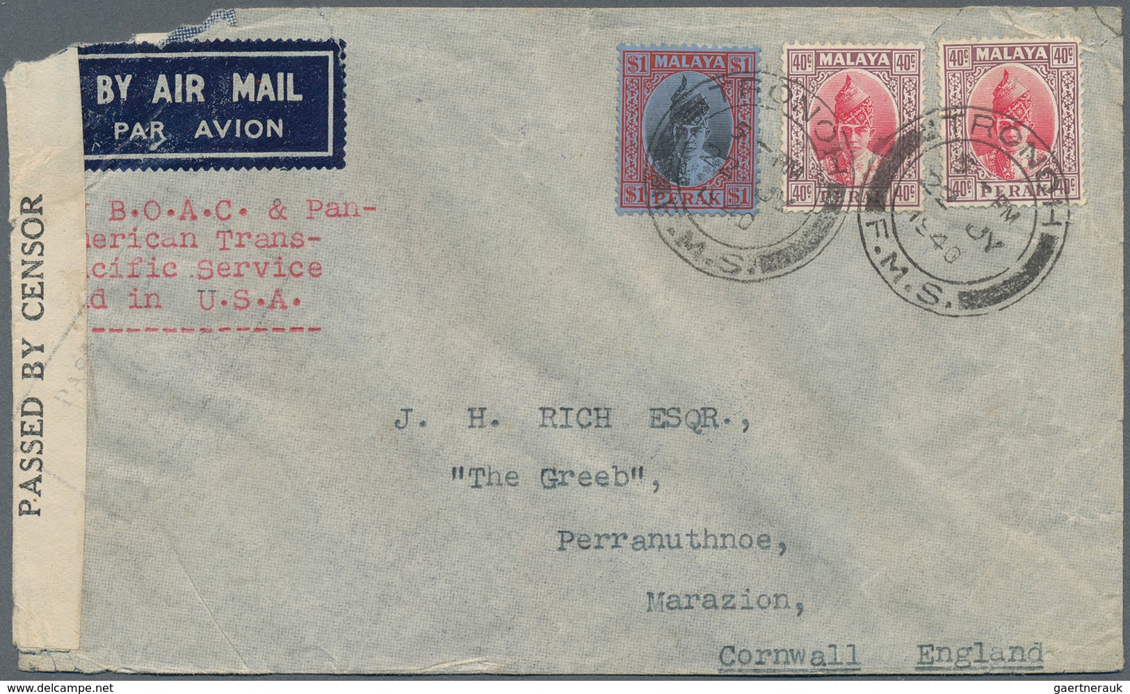 06739 Malaiische Staaten - Perak: 1940, THE WARTIME PERIOD, Cover (faults) Carried By BOAC To Hongkong Via - Perak