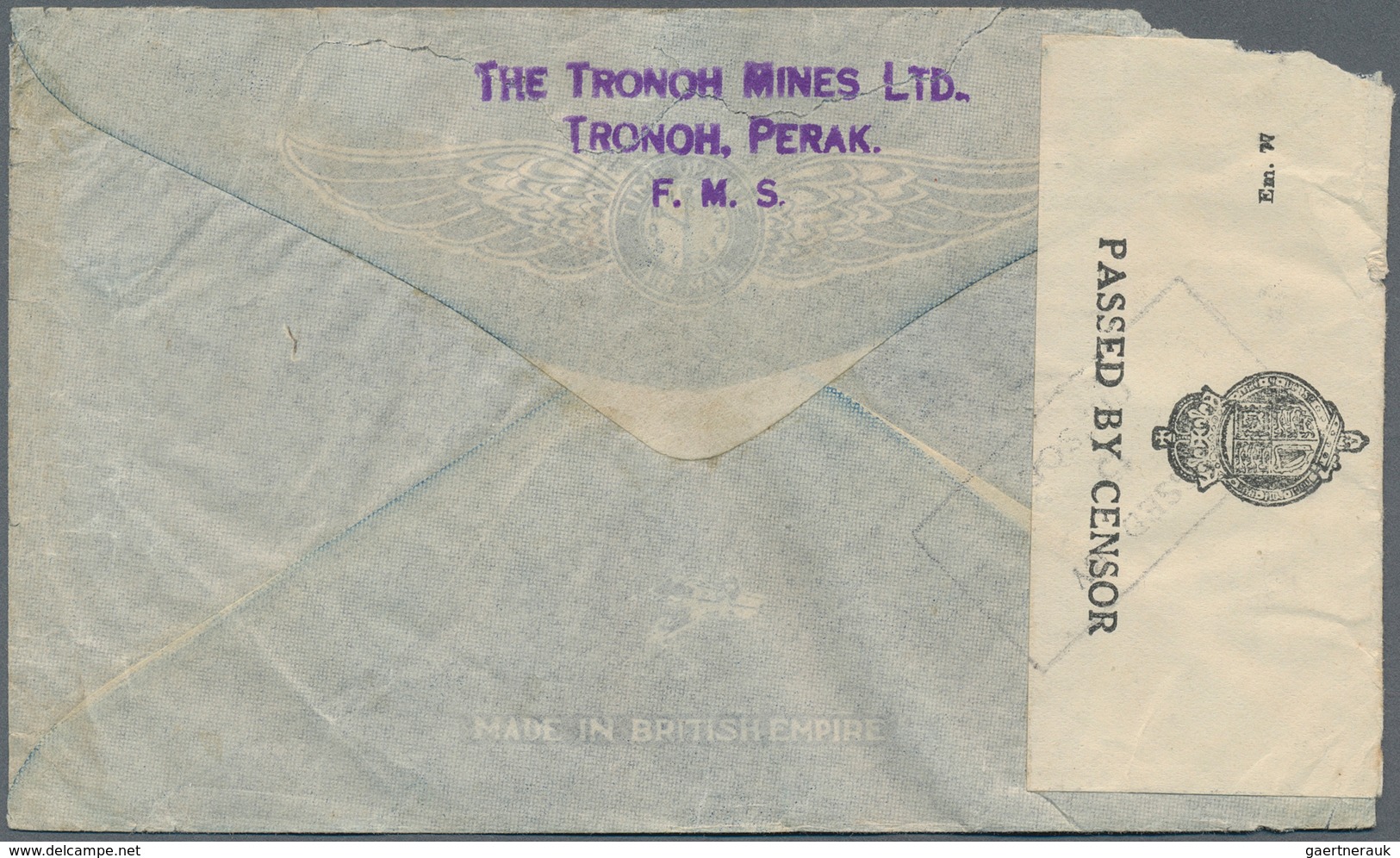 06739 Malaiische Staaten - Perak: 1940, THE WARTIME PERIOD, Cover (faults) Carried By BOAC To Hongkong Via - Perak