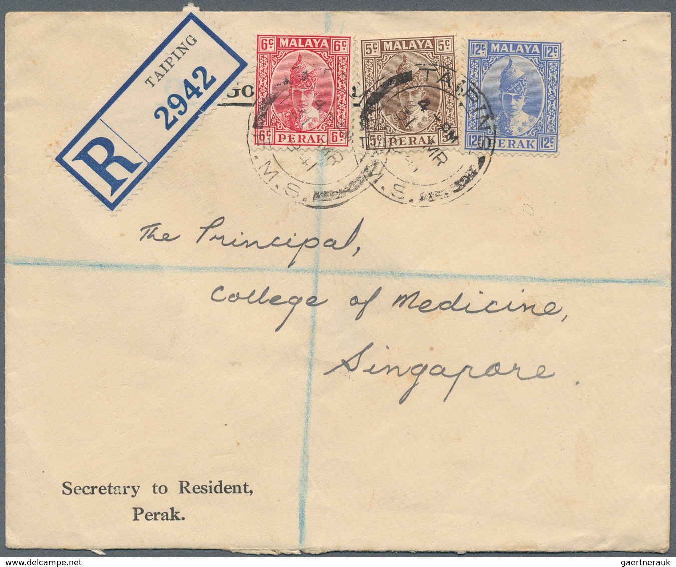 06745 Malaiische Staaten - Perak: 1941 (31.3.), Registered Cover With Sultan Iskandar 12c. Ultramarine, 6c - Perak