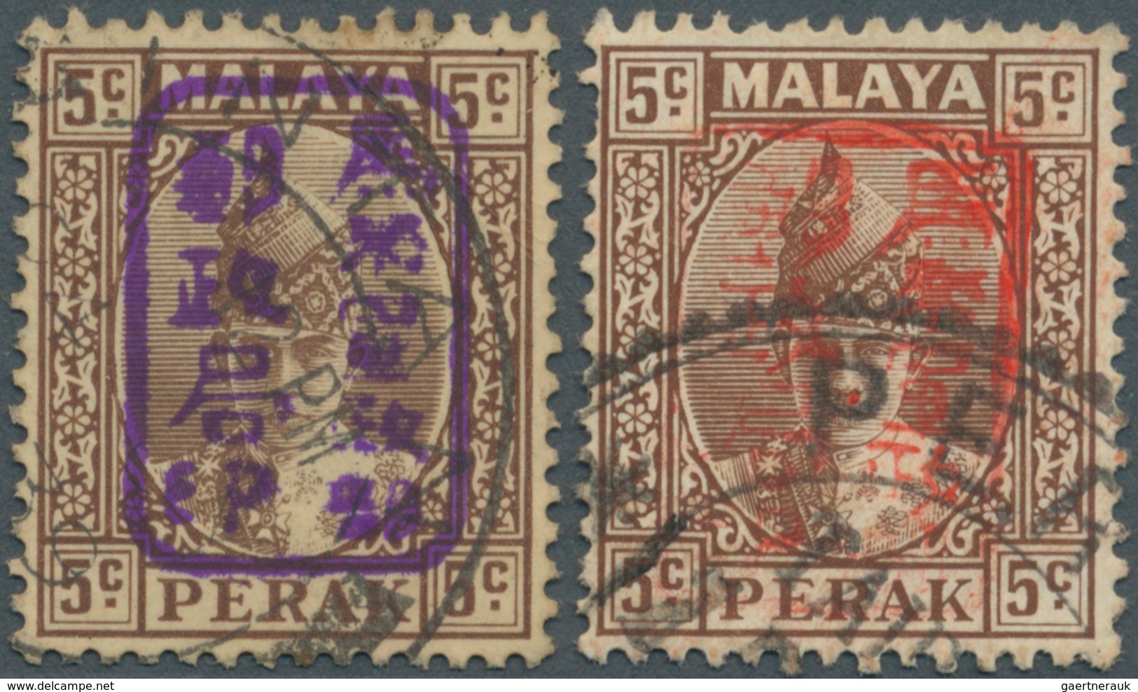 06793 Malaiische Staaten - Perak: Japanese Occupation, 1942, General Issues, Small Seal Ovpts: 5 C., Viole - Perak