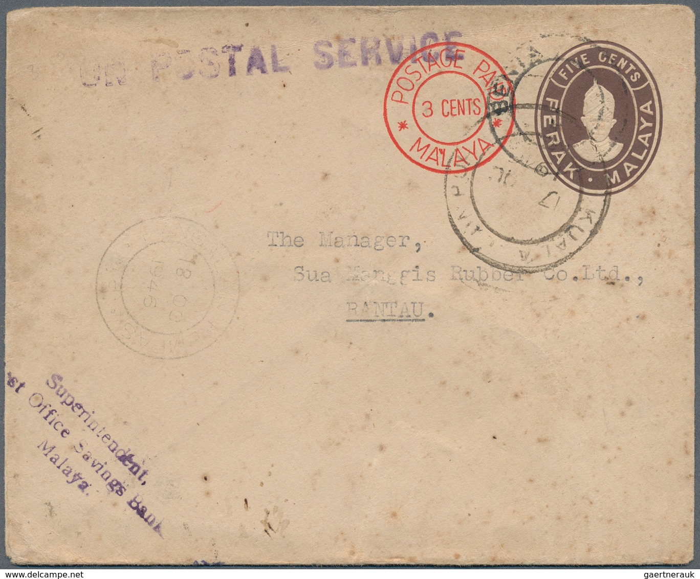 06801 Malaiische Staaten - Perak: 1946 (17.10.), Sultan Iskander Stat. Envelope 5c. Brown Embossed Oval Wi - Perak