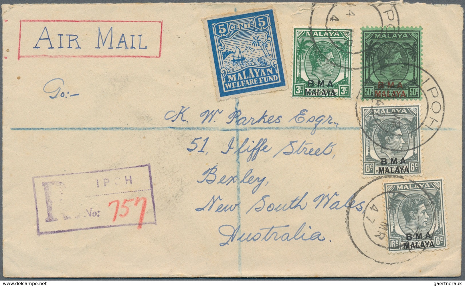 06802 Malaiische Staaten - Perak: 1947 (14.3.), Registered Airmail Cover Bearing Optd. KGVI Heads 50c. Bla - Perak