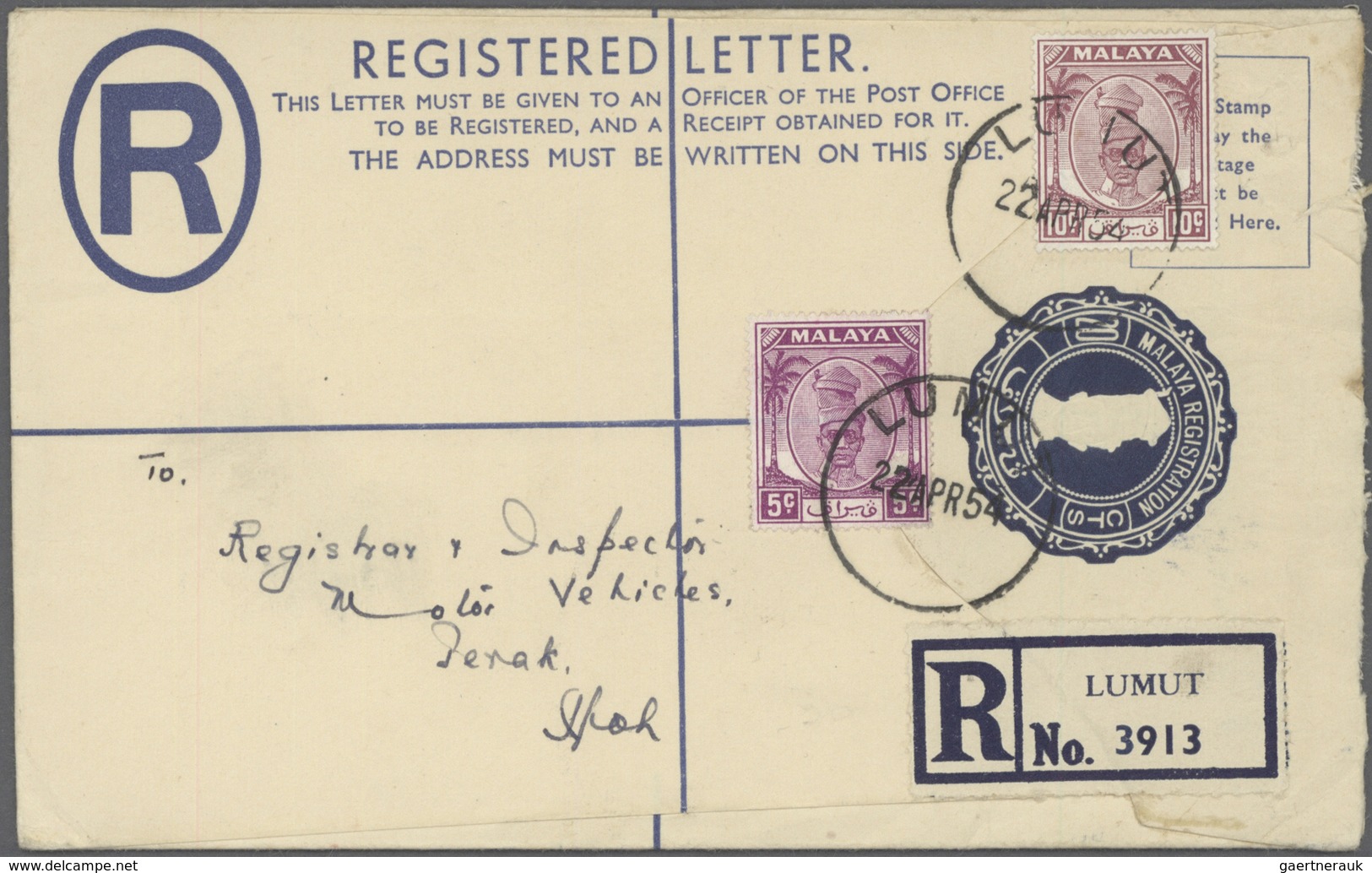 06810 Malaiische Staaten - Perak: 1954/1955, Three Registered Letters Sultan Yussuf Izzuddin Shah 20c. Blu - Perak