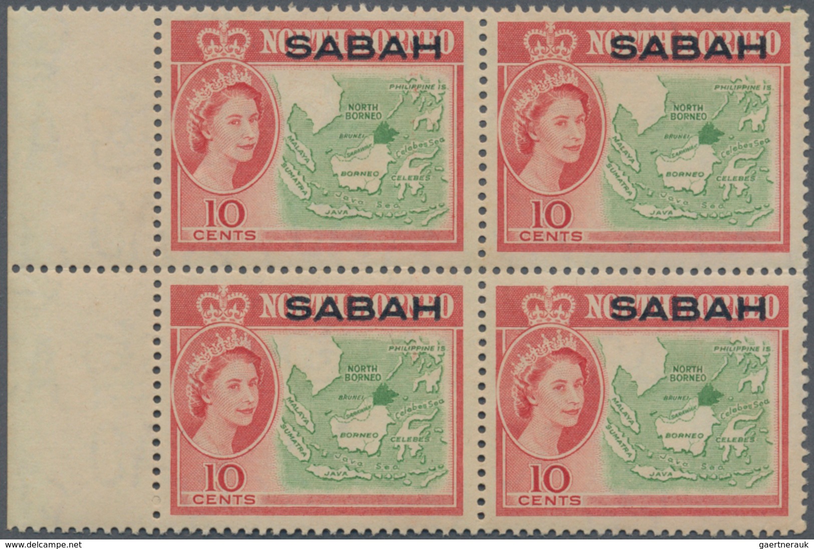 06841 Malaiische Staaten - Sabah: 1964, QEII 10c. 'Map Of Borneo' With Strong OFFSET Of Green Colour In A - Sabah