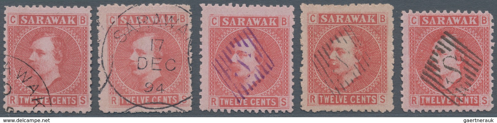 06854 Malaiische Staaten - Sarawak: 1875, Definitives Sir Charles Brooke 2c.-12c., Group Of 29 Stamps Of A - Other & Unclassified