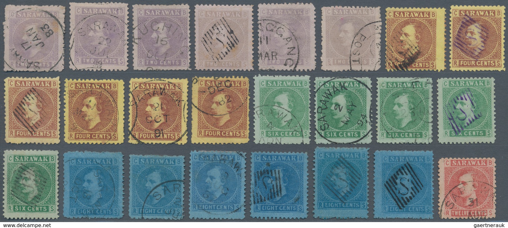 06854 Malaiische Staaten - Sarawak: 1875, Definitives Sir Charles Brooke 2c.-12c., Group Of 29 Stamps Of A - Altri & Non Classificati