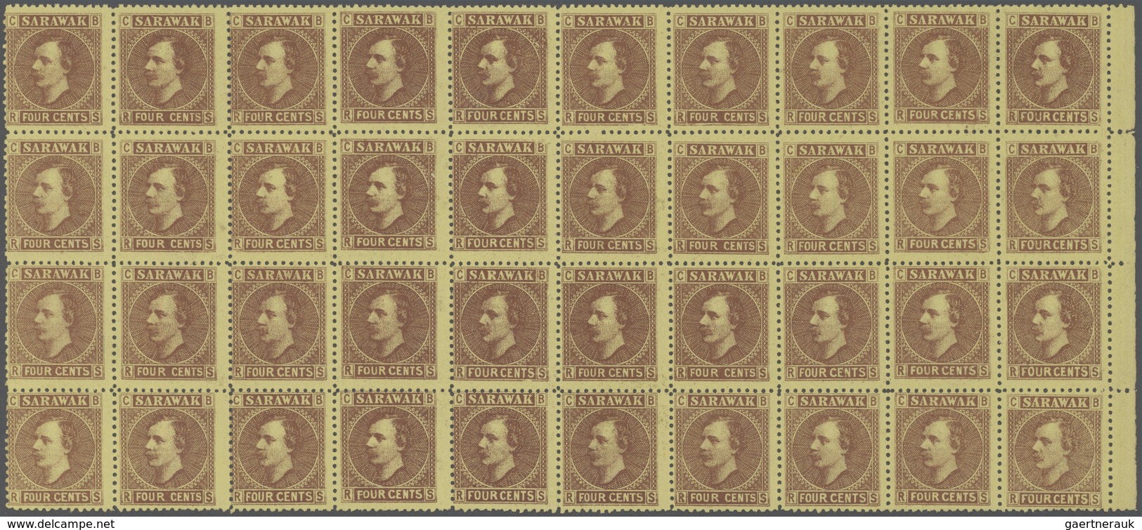 06856 Malaiische Staaten - Sarawak: 1875, 4c. Red-brown/yellow, Unused Right Marginal Block Of 40 Showing - Other & Unclassified