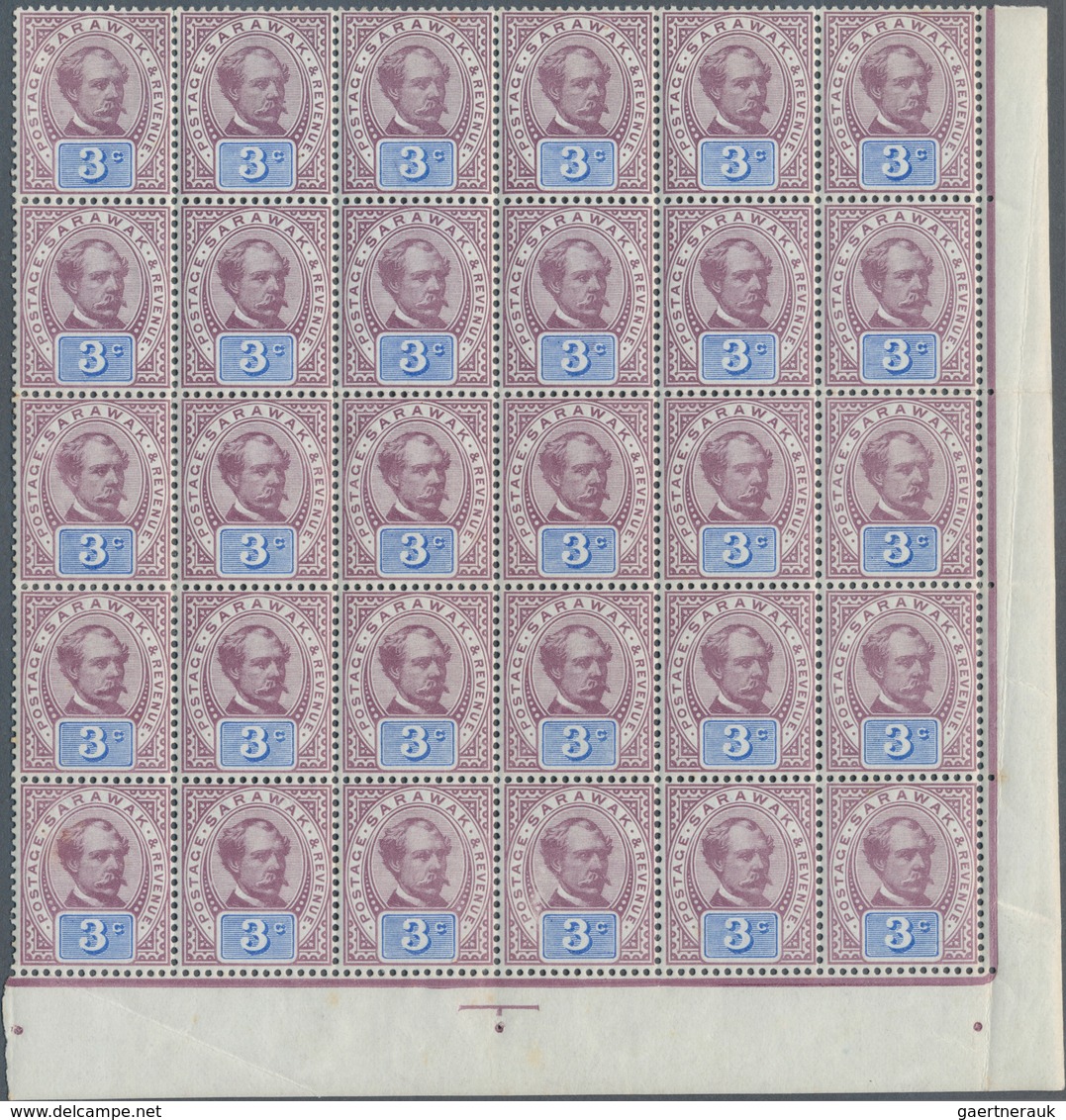 06860 Malaiische Staaten - Sarawak: 1880, Sir Charles Brooke Without Wmk. 3c. Purple/blue Block Of 30 From - Other & Unclassified