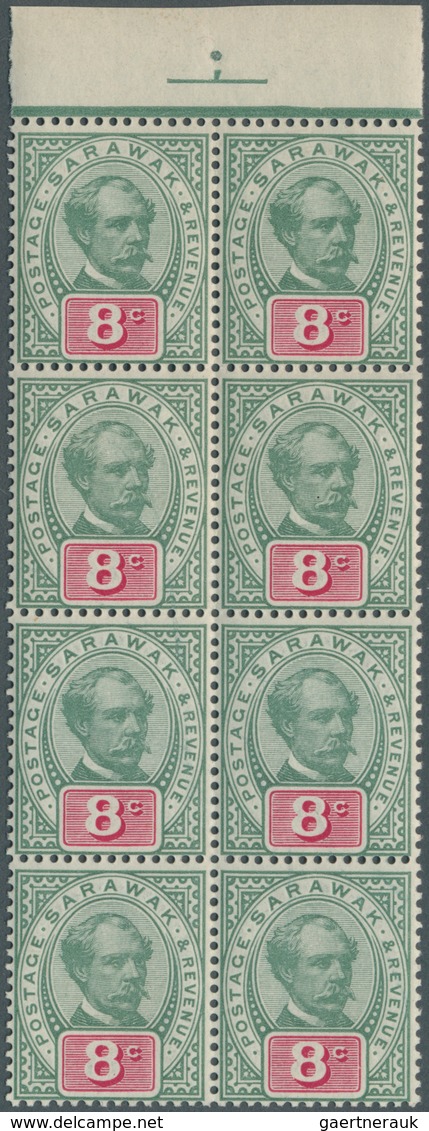 06861 Malaiische Staaten - Sarawak: 1880, Sir Charles Brooke Without Wmk. 8c. Green/carmine Block Of Eight - Other & Unclassified