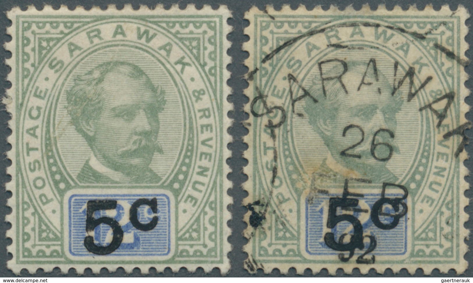 06869 Malaiische Staaten - Sarawak: 1891, Sir Charles Brooke 12c. Green And Blue Surcharged '5 C' With Var - Other & Unclassified