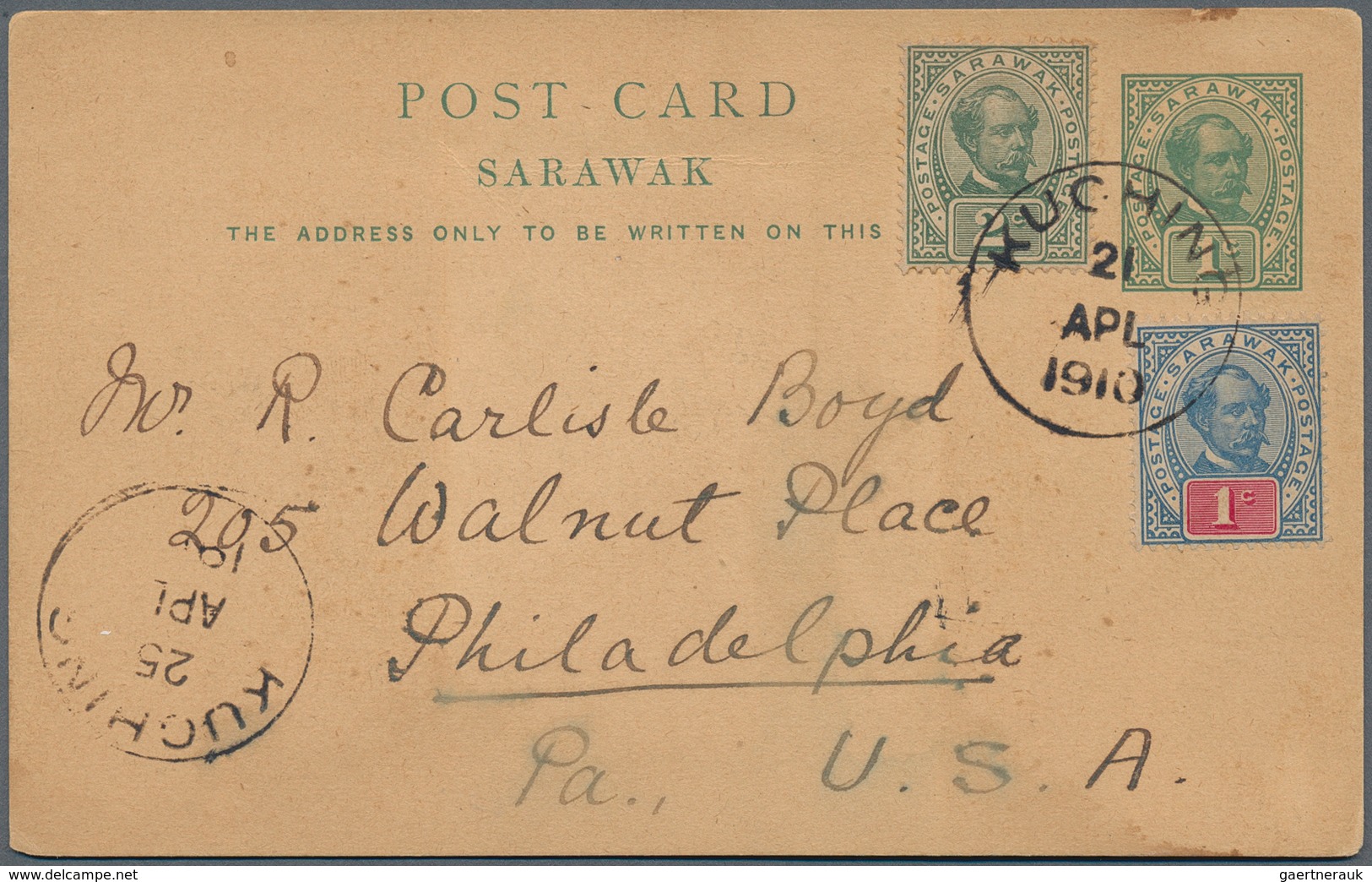 06894 Malaiische Staaten - Sarawak: 1910, 1 C Green Postal Stationery Card, Uprated With 1 C Blue/rosine A - Other & Unclassified