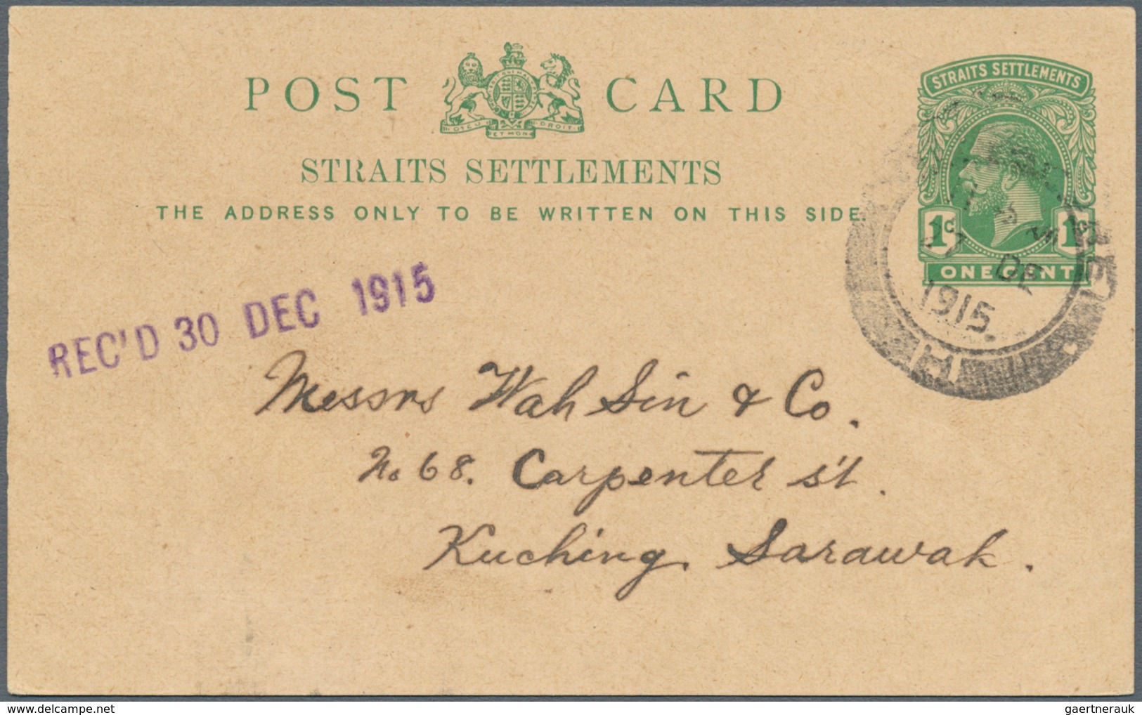 06895 Malaiische Staaten - Sarawak: 1915, INCOMING MAIL: Straits Settlements, 1 C Green KGV Psc From SINGA - Other & Unclassified