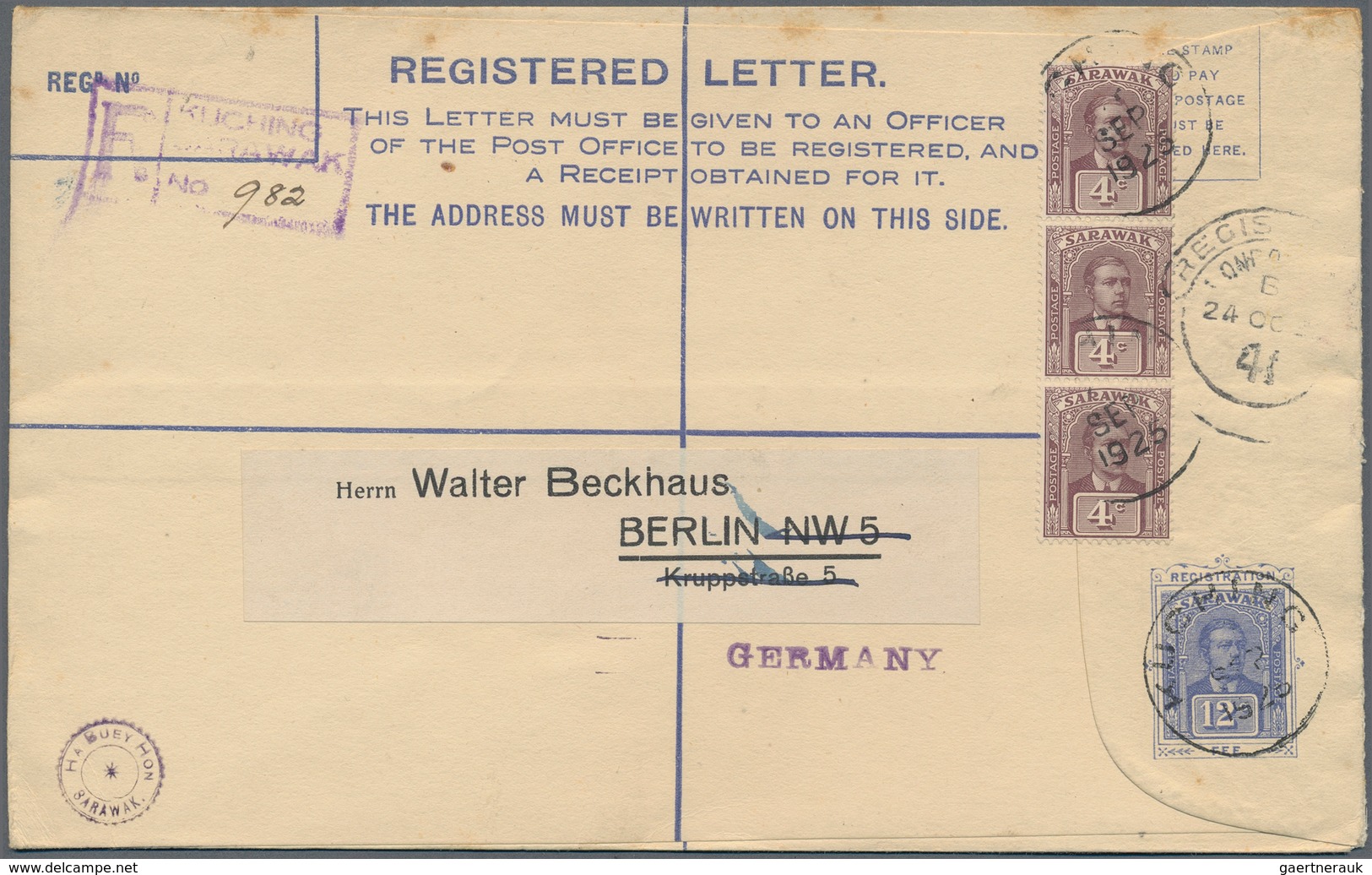 06904 Malaiische Staaten - Sarawak: 1921 Postal Stationery Registered Envelope (202x127 Mm) Used From Kuch - Altri & Non Classificati