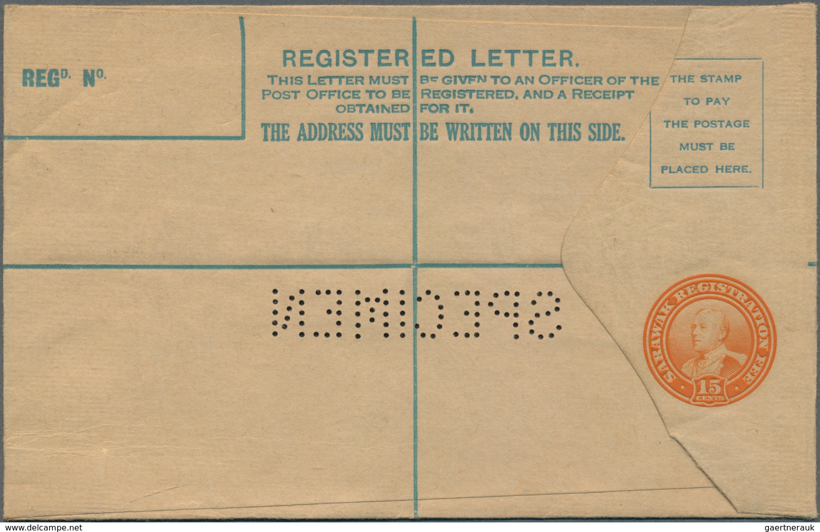 06951 Malaiische Staaten - Sarawak: 1934, 15 C Orange Registered Postal Stationery Envelope, Size 151x94mm - Other & Unclassified