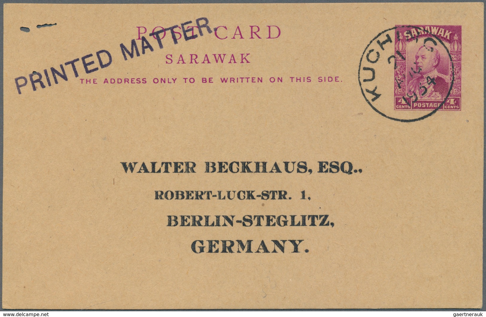 06954 Malaiische Staaten - Sarawak: 1934, 4 C Violet Postal Stationery Card, Sent As Printed Matter Withou - Other & Unclassified