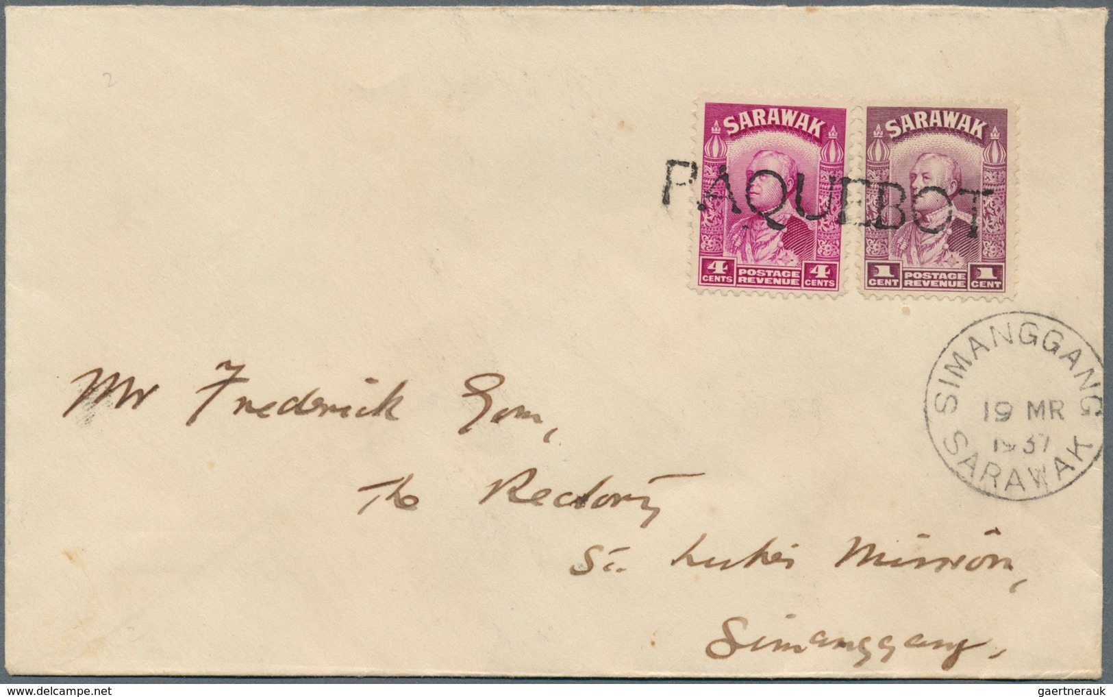 06964 Malaiische Staaten - Sarawak: 1937, 1 C Purple And 4 C Bright Purple, Tied By Single Line PAQUEBOT ( - Other & Unclassified