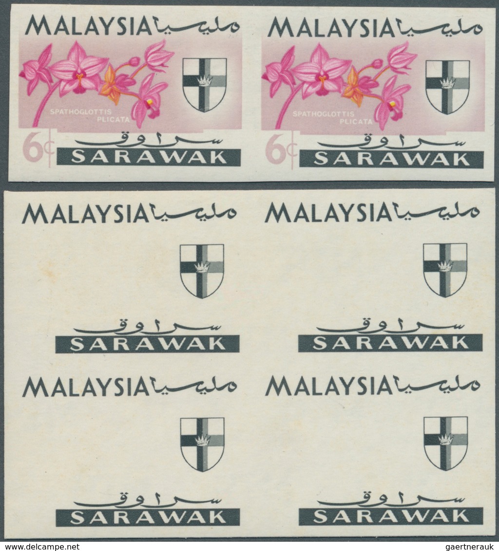 07021 Malaiische Staaten - Sarawak: 1965, Orchids Imperforate PROOF Block Of Four With Black Printing Only - Other & Unclassified