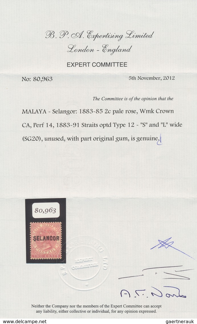 07031 Malaiische Staaten - Selangor: 1883, Straits Settlements QV 2c. Pale Rose With Wmk. Crown CA With Bl - Selangor