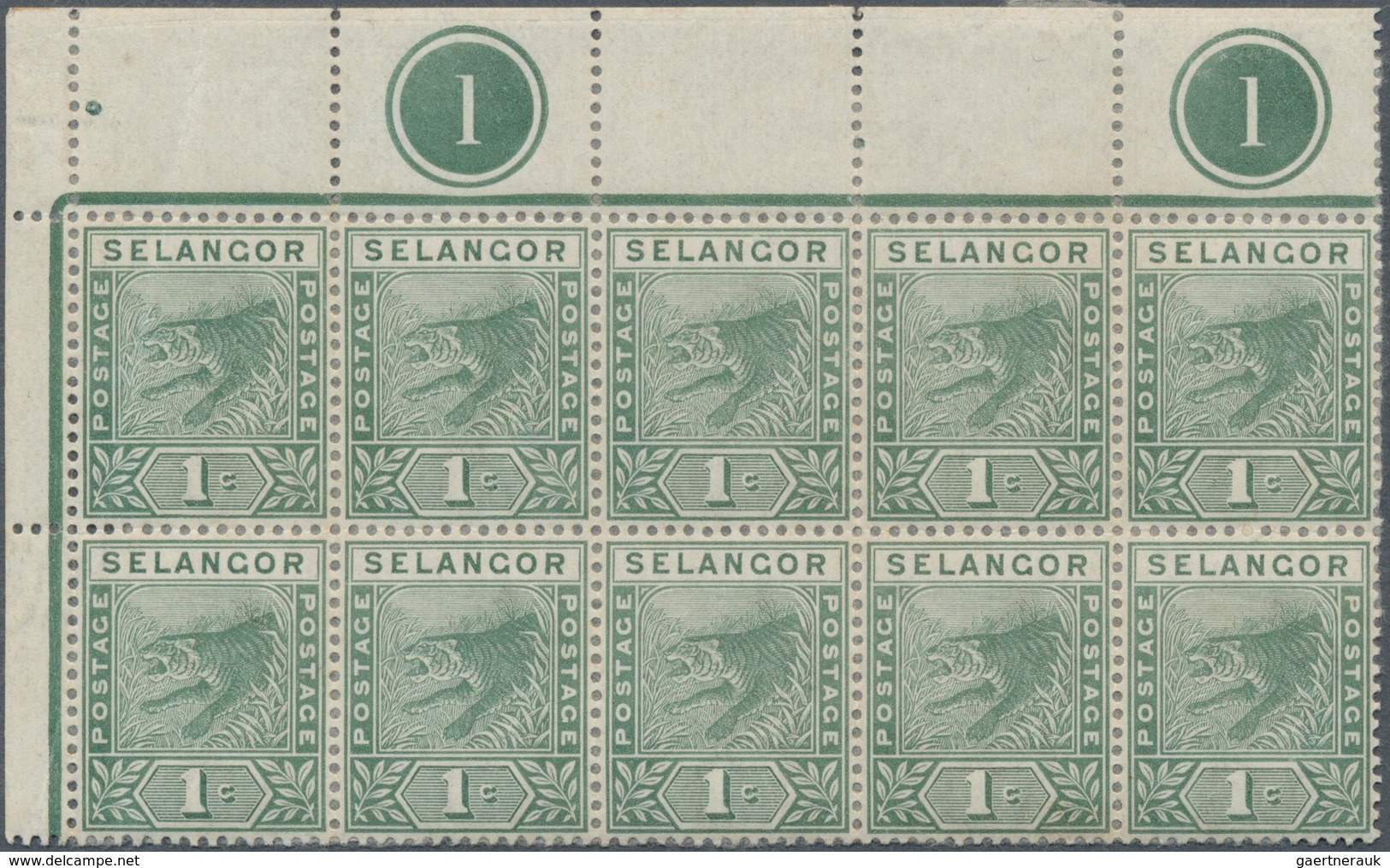 07044 Malaiische Staaten - Selangor: 1893, 1c. Green, Top Marginal Block Of Ten From The Upper Left Corner - Selangor